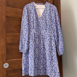 Boden Blue and White Floral V-Neck Long Sleeve Dress